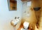 Interior of modern bathroom wood design toilet bowl sink mirror