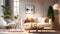 Interior of a modern bright living room with a white sofa, romantic light colors, lots of cute details creating a cozy atmosphere,