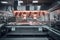 Interior of a modern butchers shop. Shallow depth of field. futuristic butcher cutting meat inside a bustling butcher shop, AI