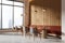 An interior of a modern cafe with wooden furniture, large windows, and a city view, conveying a warm, inviting atmosphere. 3D