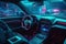 The interior of a modern car in a cyberpunk style is a futuristic blend of sleek lines, neon lighting, and high-tech