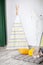 Interior of modern children`s room with yellow teepee. Children wigwam home. Interior of stylish children`s room with toys. scandi