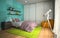 Interior of modern childroom with blue wall 3D rendering 3