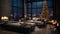 Interior of modern cozy luxurious loft style studio with Christmas decor. Blazing fireplace, burning candles, elegant