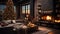 Interior of modern cozy luxurious loft style studio with Christmas decor. Blazing fireplace, burning candles, elegant