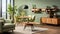 Interior of modern cozy scandi living room in green tones. Stylish armchair, wooden coffee table, carpet, commode