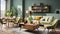 Interior of modern cozy scandi living room in green tones. Stylish sofa and armchair, coffee table, dining table with