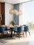 Interior of modern dining room, dining table and blue fabric chairs against beige wall. 3d rendering