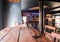 Interior of modern european beer bar pub with old vintage wooden furniture and style.