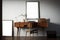 Interior of modern home office with white walls, wooden floor, white computer desk with wooden chair and horizontal mock up poster