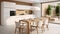 Interior of modern house kitchen and dining room white ceramic table, wooden appliances, sink. ai