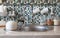 Interior of modern kitchen. Kitchen faucet, sink and various ceramic white dishes