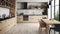 Interior of modern kitchen with white walls, beige tiled floor, wooden cupboards, countertops. Scandinavian style