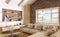 Interior of modern living room with big window, cozy home design with beige sofa and wooden paneling 3d rendering