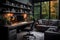 Interior of modern living room with black walls, wooden floor, comfortable brown armchairs and bookcase. ai generated