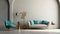 Interior of modern living room with brass coffee table and white armchair, empty wall with turquoise arch