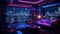 Interior of modern living room with night city view. 3D rendering. Cyberpunk style neon lit apartment at night with skyscrapers
