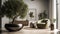 Interior of modern living room with olive tree, armchair and pouf, generative ai