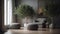 Interior of modern living room with olive tree, armchair and pouf, generative ai