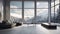 Interior of modern living room with panoramic window and mountain view, very minimalistic. amazing view. snowy climate