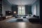 Interior of a modern living room. Trendy sofas, coffee table, big flat TV on the wall. Soft shades of gray and blue