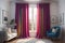 Interior of modern living room with window and colorful curtains. ai generative