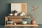 Interior of modern living room with wooden shelf and tableware