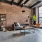 interior of modern loft style living room with brick walls and concrete floor. AI-generated image