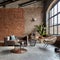 interior of modern loft style living room with brick walls and concrete floor. AI-generated image