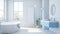 Interior of modern luxury scandi bathroom with window and white walls. Free standing bathtub, wall-mounted vanity with
