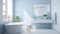 Interior of modern luxury scandi bathroom with window and white walls. Free standing bathtub, wall-mounted vanity with