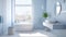 Interior of modern luxury scandi bathroom with window and white walls. Free standing bathtub, wall-mounted vanity with