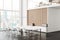 Interior of modern meeting room with white and wooden walls, long conference table with white chairs and panoramic window with Kua