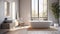 Interior of modern minimalist bathroom in luxury eco-style cottage. White walls, freestanding bathtub, wall-hung cabinet