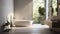 Interior of modern minimalist bathroom in luxury eco-style cottage. White walls, freestanding bathtub, wall-hung cabinet