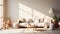 Interior of modern minimalist living room. White empty walls, hardwood floor, white sofa with cushions, wooden coffee