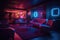 Interior of a modern night club with bright neon lights. Nightlife concept, A decorated night club with stylish couches and