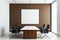 Interior of modern office meeting room black and white with wooden furniture conference table with black chairs and mock up Made