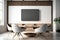 Interior of modern office meeting room black and white with wooden furniture conference table with black chairs and mock up Made