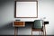 Interior of modern office with white walls, wooden floor, white computer desk with black chair and horizontal mock up poster frame