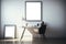 Interior of modern office with white walls, wooden floor, white computer table with black chair and vertical mock up poster frame