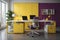 Interior of modern office with yellow and purple walls, concrete floor, yellow computer table and yellow chairs. ai generated