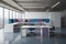 Interior of modern open space office with white walls, concrete floor, white computer tables with purple chairs and bookcases.