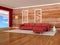 Interior of the modern room, wood wall, red sofa