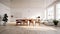 Interior of modern spacy minimalist white living room with dining area. Comfortable couch, wooden dining table with