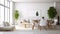 Interior of modern spacy minimalist white living room with dining area. Comfortable couches, wooden dining table with