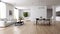 Interior of modern spacy minimalist white living room with dining area. Comfortable sofas, wooden dining table with