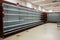 Interior of a modern supermarket with shelves and shelves for sale, Food shortage in a generic supermarket. Empty shelves, AI