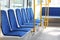 Interior of a modern tram with passenger seats in Wroclaw, Poland.