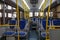 Interior of modern trolleybus. Passenger compartment. Background